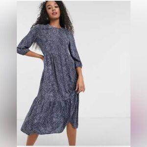 ASOS Animal Print Tiered Midi Dress 3/4 Sleeves in Blue and Black, runs small